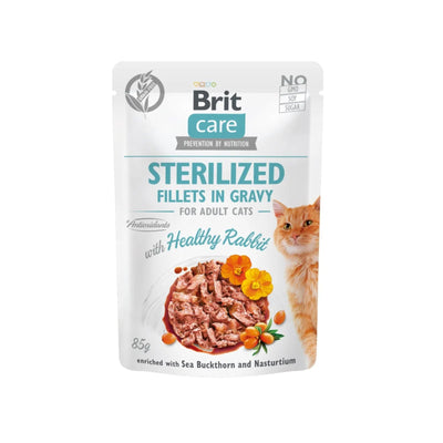 Brit Care Sterilised Fillets in Gravy, Hrana Umeda pentru Pisici Sterilizate, Fileuri de Iepure in Sos, Fara Cereale, 85g