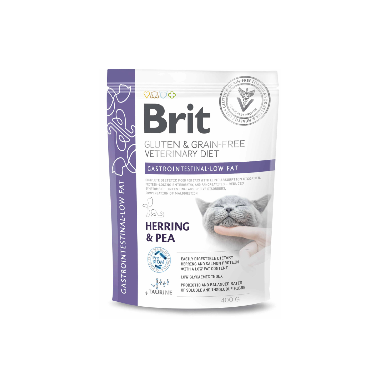 Brit Veterinary Diet Gastrointestinal Low Fat, Hrana Uscata pentru Pisici, Reducerea Tulburarilor Intestinale, cu Hering si Mazare, 400g / 2kg / 5kg