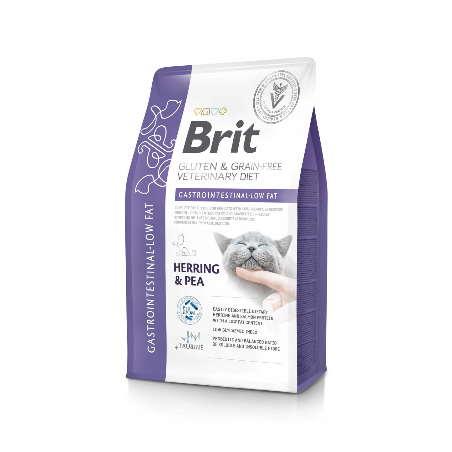 Brit Veterinary Diet Gastrointestinal Low Fat, Hrana Uscata pentru Pisici, Reducerea Tulburarilor Intestinale, cu Hering si Mazare, 400g / 2kg / 5kg