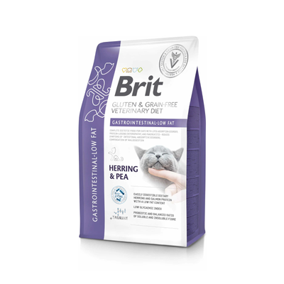 Brit Veterinary Diet Gastrointestinal Low Fat, Hrana Uscata pentru Pisici, Reducerea Tulburarilor Intestinale, cu Hering si Mazare, 400g / 2kg / 5kg