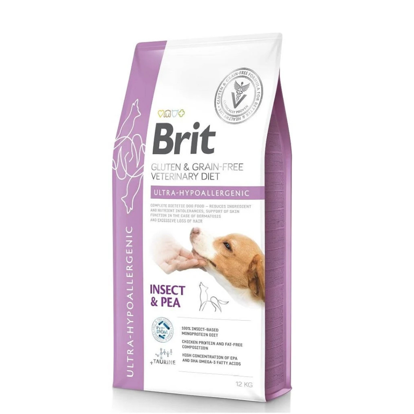 Brit Veterinary Diet Ultra-Hypoallergenic, Hrana Uscata pentru Caini, Reducerea Intolerantelor Severe, cu Insecte si Mazare, 2kg / 12kg