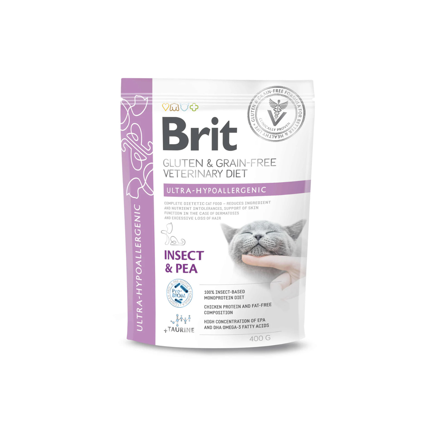 Brit Veterinary Diet Ultra-Hypoallergenic, Hrana Uscata pentru Pisici, Reducerea Intolerantelor Severe, cu Insecte si Mazare, 400g / 2kg / 5kg
