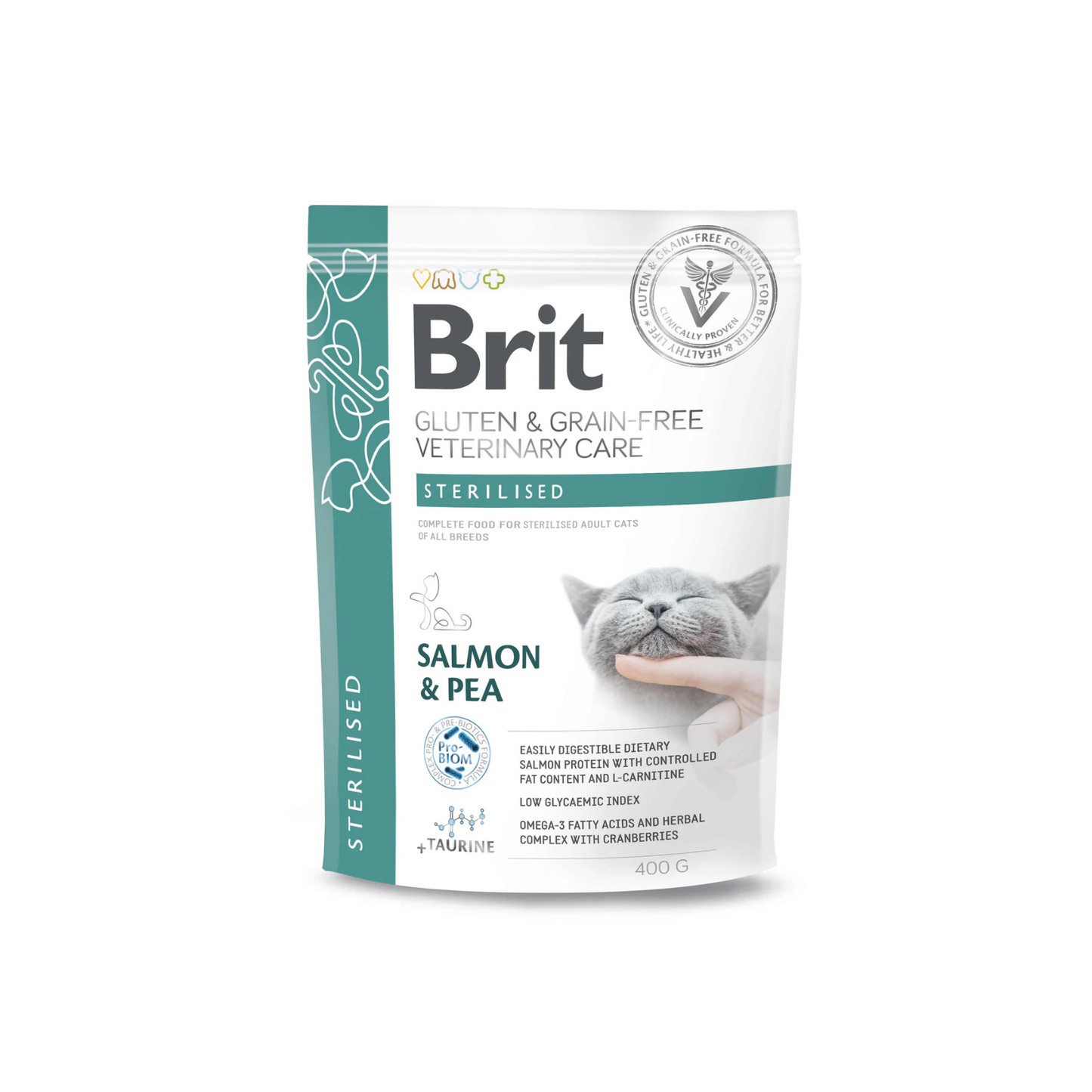 Brit Veterinary Diet, Sterilised, Hrana Uscata pentru Pisici Sterilizate, Controlul Greutatii, cu Somon si Mazare, 400g / 2kg / 5kg