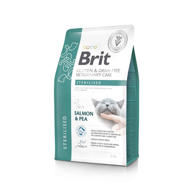 Brit Veterinary Diet, Sterilised, Hrana Uscata pentru Pisici Sterilizate, Controlul Greutatii, cu Somon si Mazare, 400g / 2kg / 5kg