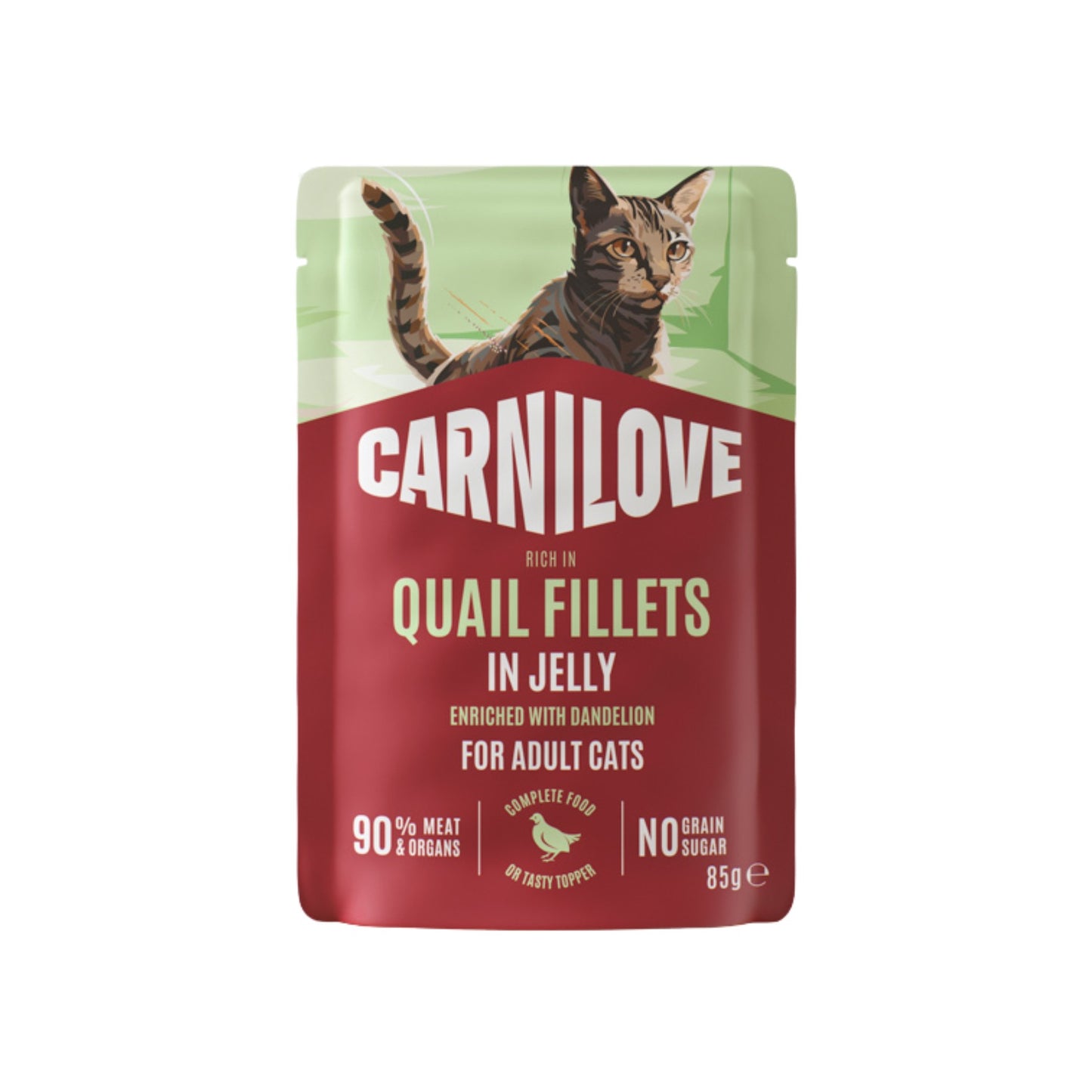 Carnilove Jelly Pouch, Hrana Umeda pentru Pisici Adult, Fileuri de Prepelita si Curcan in Jeleu, cu Papadie, Fara Cereale, 85g