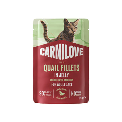 Carnilove Jelly Pouch, Hrana Umeda pentru Pisici Adult, Fileuri de Prepelita si Curcan in Jeleu, cu Papadie, Fara Cereale, 85g