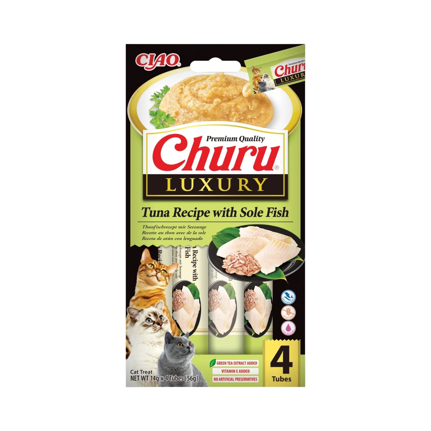 Churu Luxury, Recompensa Cremoasa pentru Pisici, cu Ton si Limba de Mare (Sole Fish), Fara Cereale, 4x14g