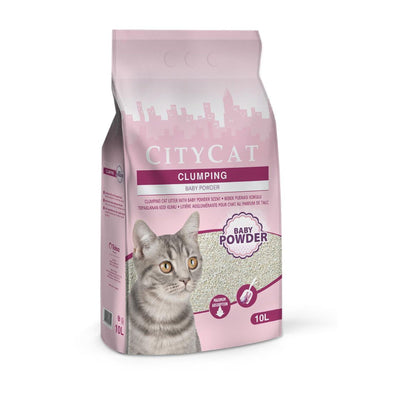 City Cat Nisip Bentonita Aglomerant pentru Pisici, White Baby Powder, Parfum Pudra de Bebelus, 10L / 8.5 kg