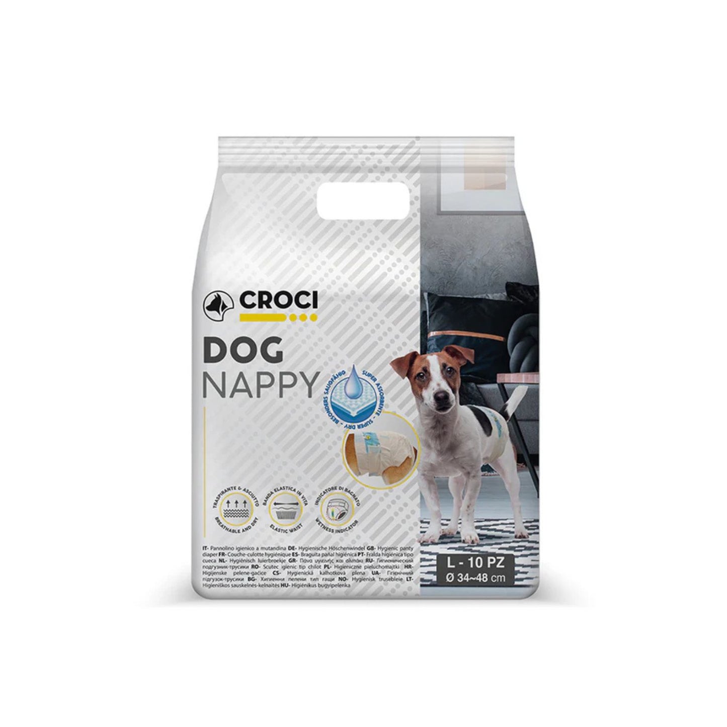 Croci Dog Nappy, Chiloti Absorbanti pentru Caini cu Indicator Umiditate, Marimea L 34-48cm, Set 10 Bucati