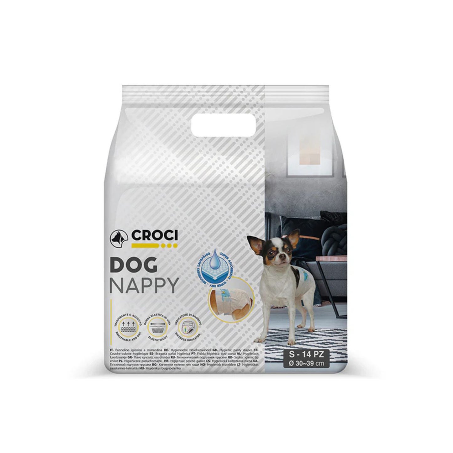 Croci Dog Nappy, Chiloti Absorbanti pentru Caini cu Indicator Umiditate, Marimea S 30-39cm, Set 14 Bucati