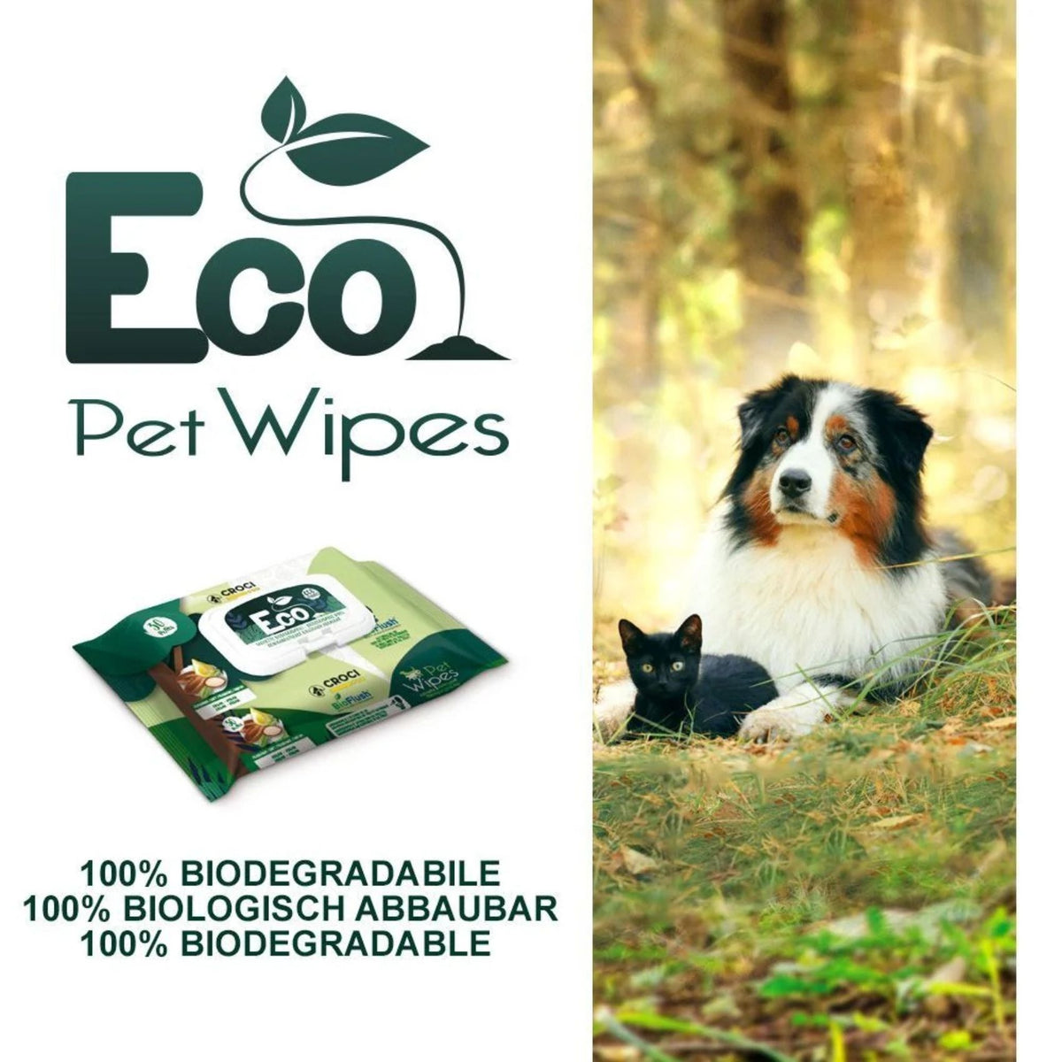 Croci Eco Pet Wipes, Servetele Umede Biodegradabile pentru Caini si Pisici, cu Migdale si Unt de Shea, 30 buc, 20 x 30 cm
