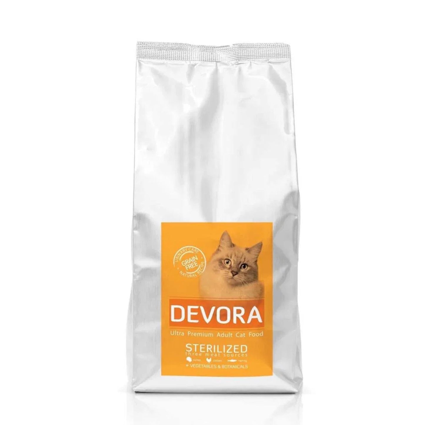 Devora Adult Sterilizat, Hrana Uscata pentru Pisici Sterilizate, cu Curcan, Pui si Hering, Fara Cereale, 400g / 7.5kg