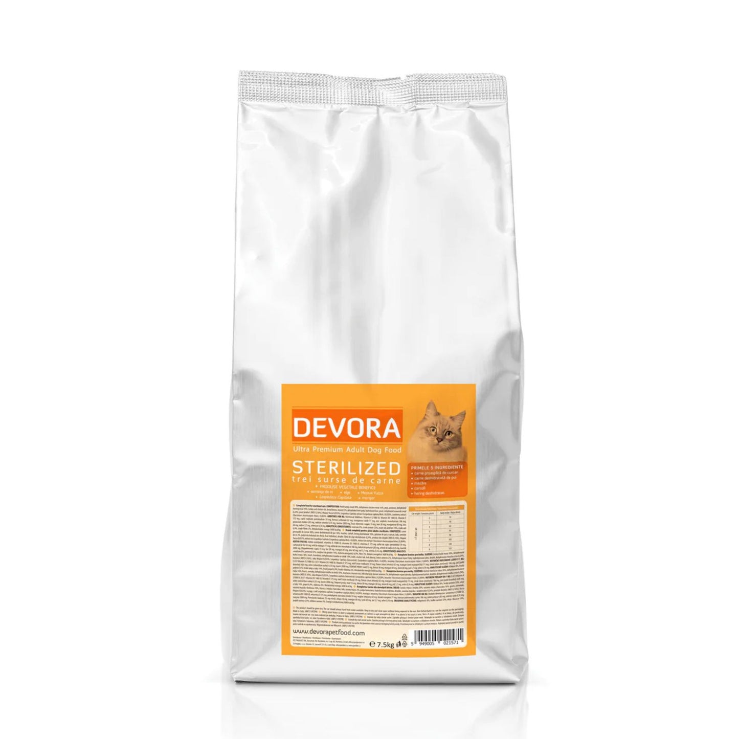 Devora Adult Sterilizat, Hrana Uscata pentru Pisici Sterilizate, cu Curcan, Pui si Hering, Fara Cereale, 400g / 7.5kg