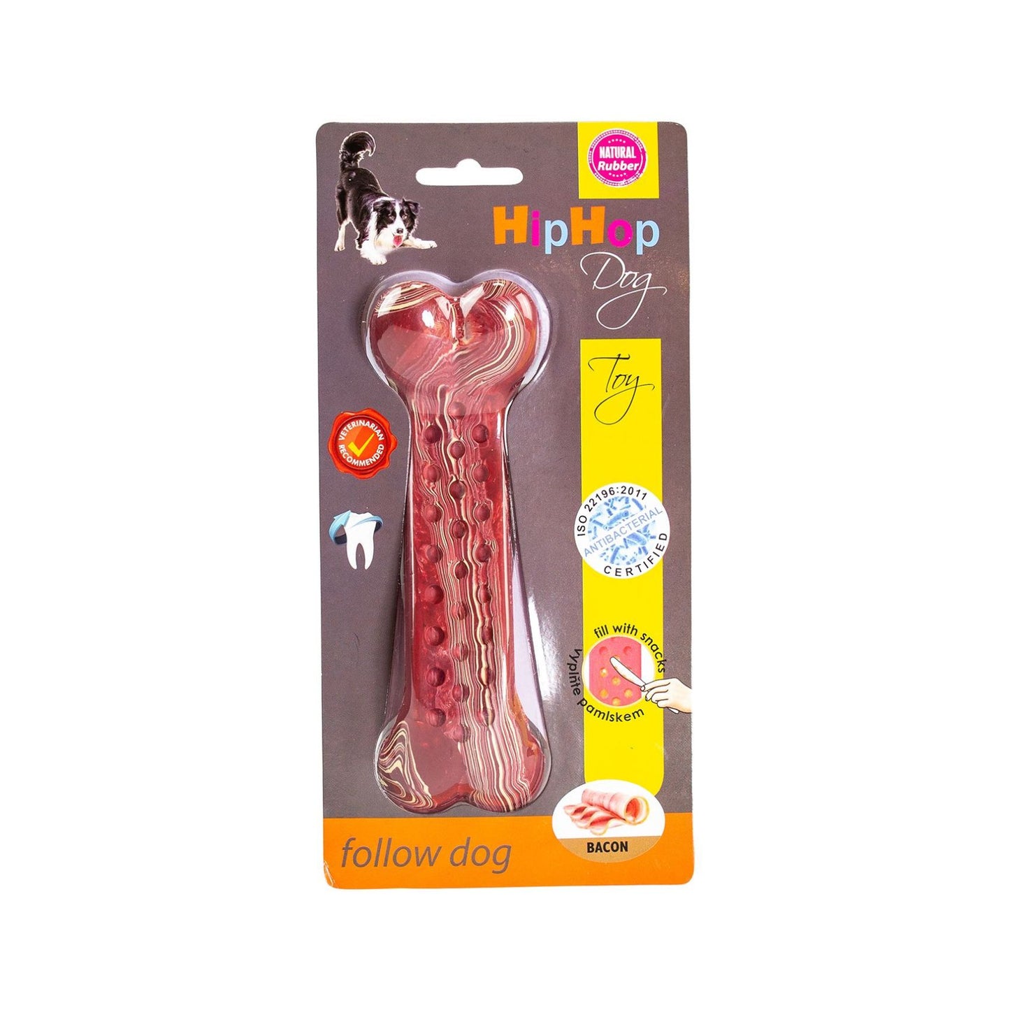 HipHop Dog, Os Antibacterian Dentar cu Aroma de Bacon, Cauciuc Natural, 16,5 cm, pentru Caini pana la 35 kg
