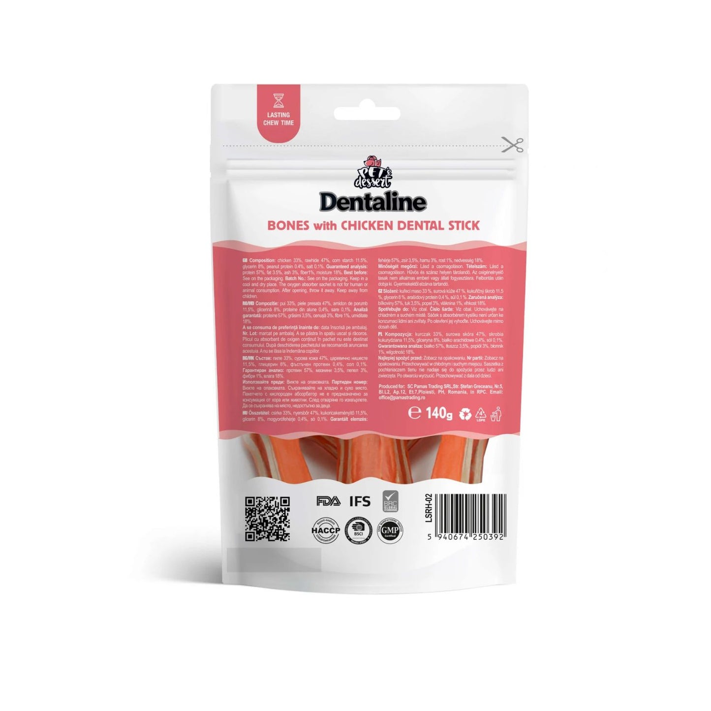Pet's Dessert Dentaline Bones cu Pui, Recompense Dentare Os pentru Caini Talie Medie si Mare, Igiena Orala, 140g