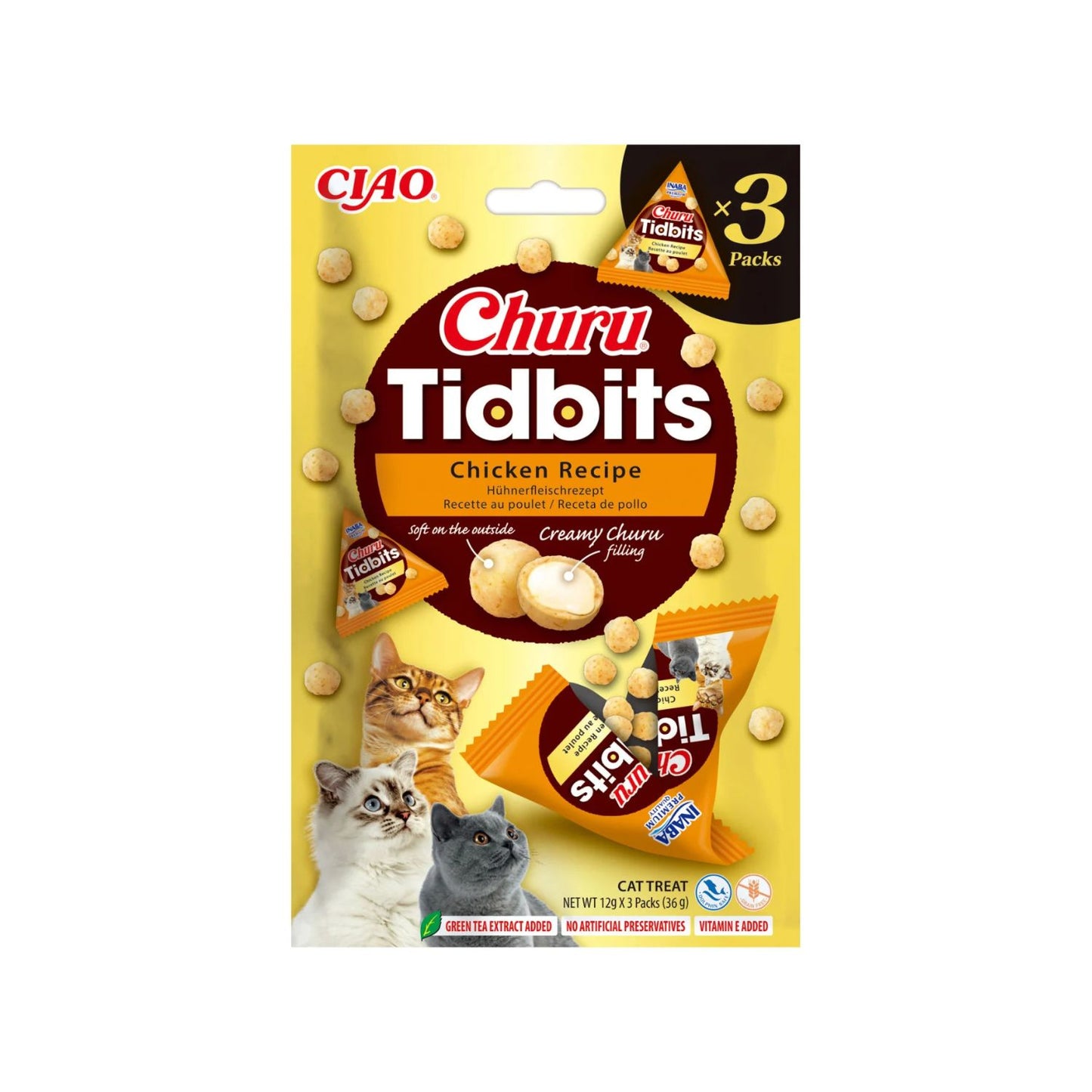 Inaba Churu Cat Tidbits Recompense Pisici cu Pui, Exterior Fraged si Umplutura Cremoasa, Fara Cereale, 3 Bucati