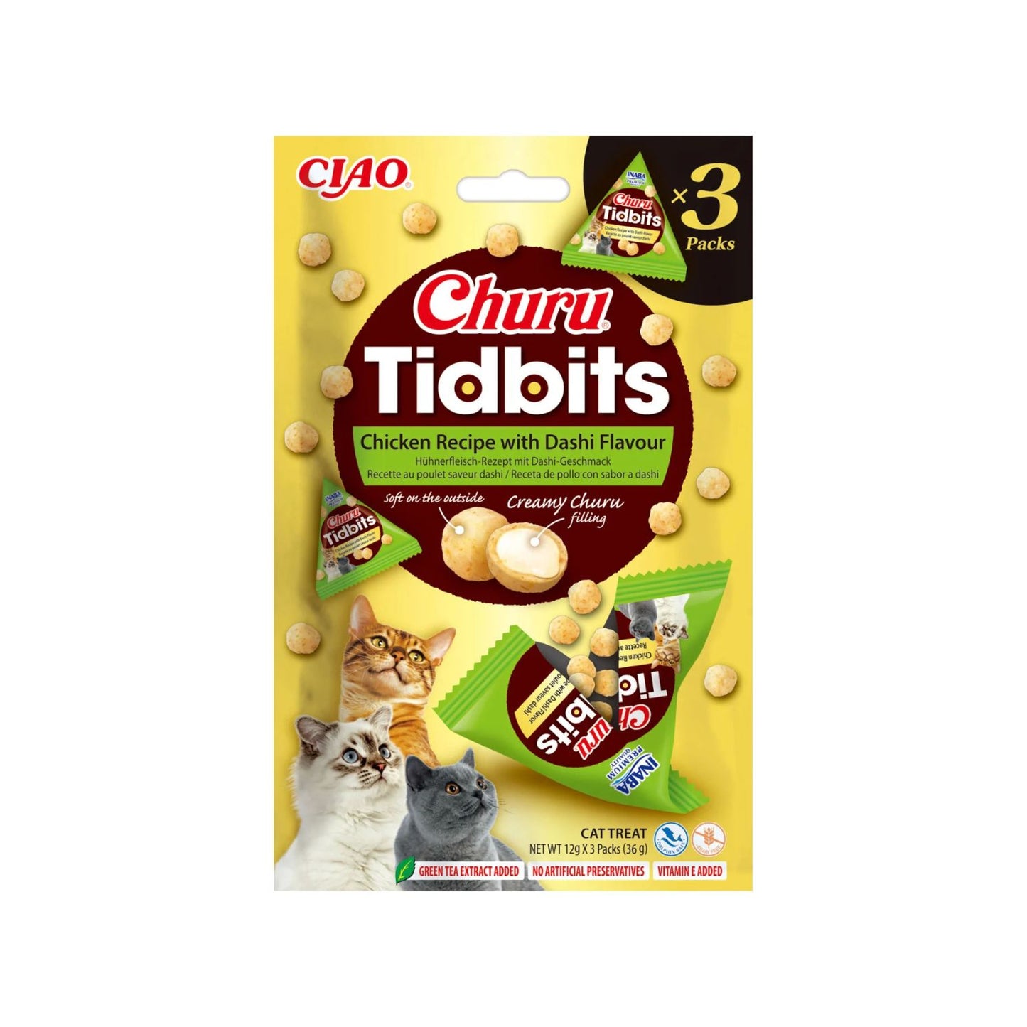 Inaba Churu Cat Tidbits Recompense Pisici cu Pui si Aroma de Dashi, Exterior Fraged si Umplutura Cremoasa, Fara Cereale, 12gx3 pachete, 36g