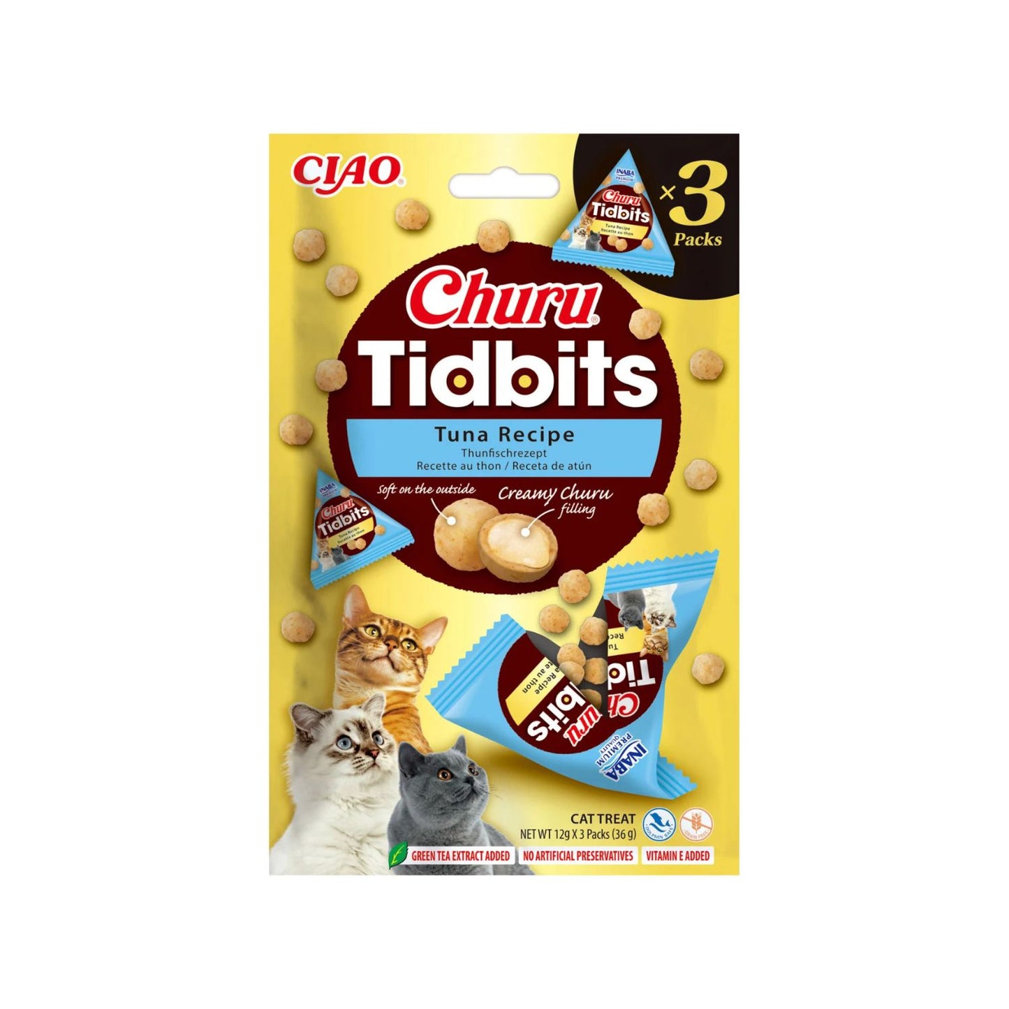 Inaba Churu Cat Tidbits Recompense Pisici cu Ton, Exterior Fraged si Umplutura Cremoasa, Fara Cereale, 3 Bucati