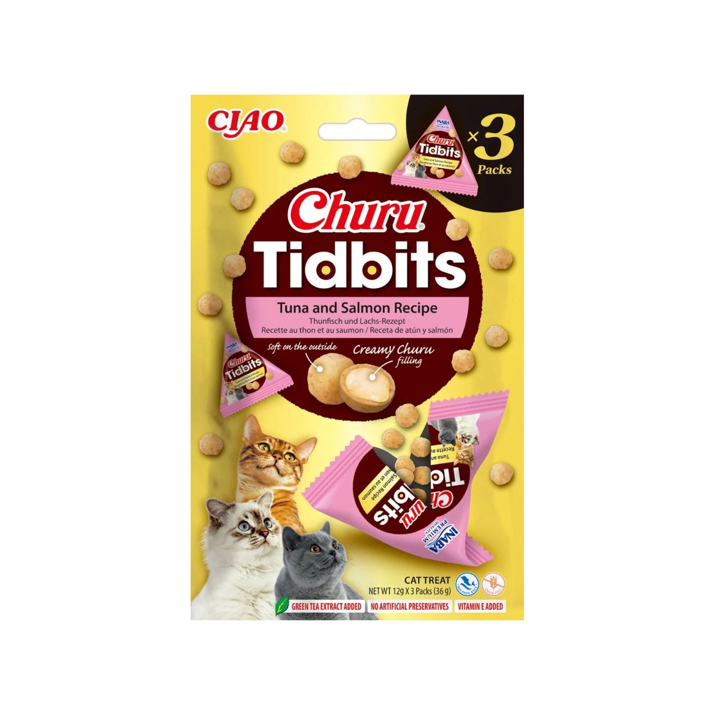 Inaba Churu Cat Tidbits Recompense Pisici cu Ton si Somon, Exterior Fraged si Umplutura Cremoasa, Fara Cereale, 12gx3 pachete, 36g