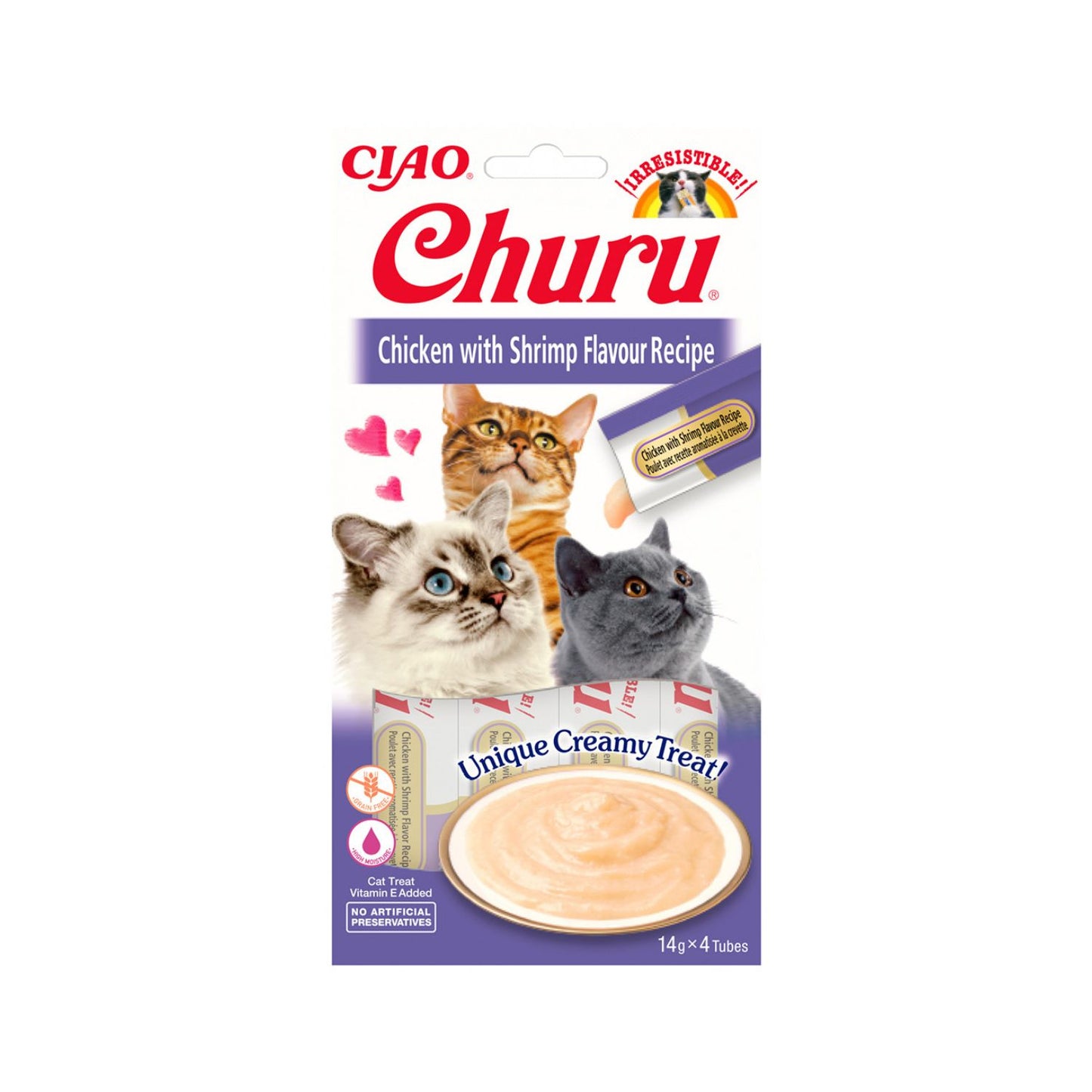 Inaba Churu Recompensa Cremoasa pentru Pisici, cu Pui si Creveti, Fara Cereale, 4 x 14g
