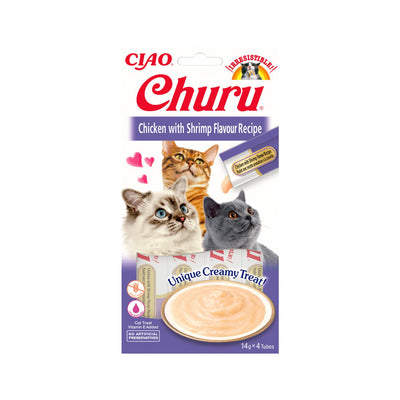 Inaba Churu Recompensa Cremoasa pentru Pisici, cu Pui si Creveti, Fara Cereale, 4 x 14g