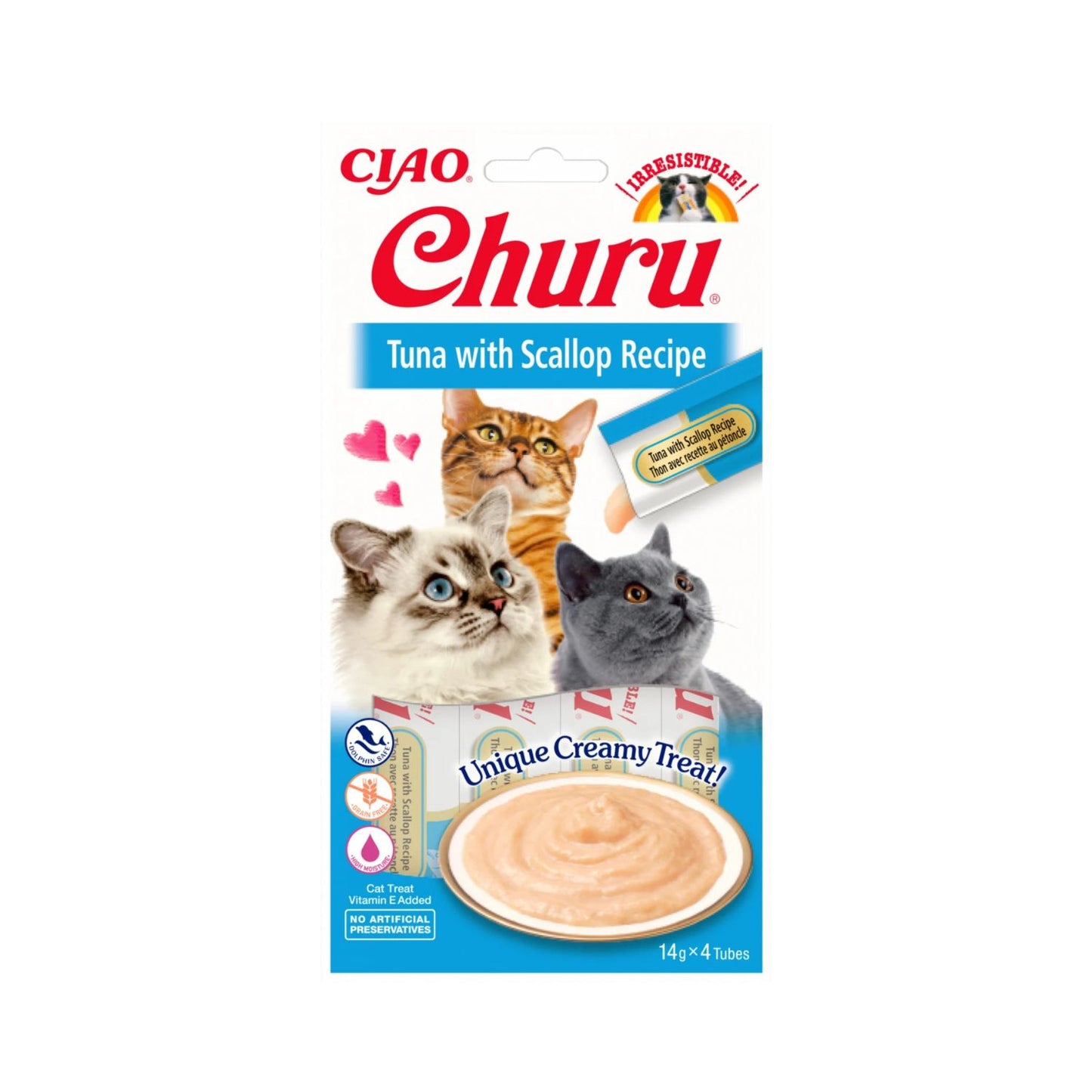 Inaba Churu Recompensa Cremoasa pentru Pisici, cu Ton si Scoici, Fara Cereale, 4 x 14g