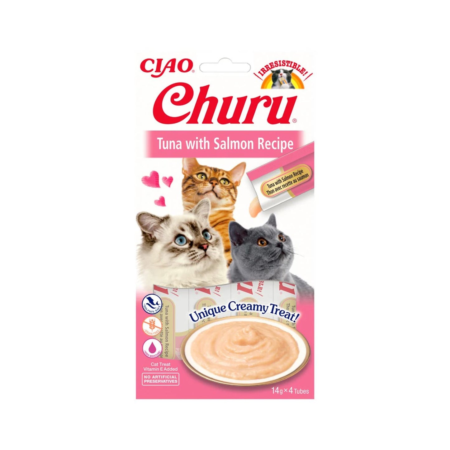 Inaba Churu Recompensa Cremoasa pentru Pisici, cu Ton si Somon, Fara Cereale, 4 x 14g