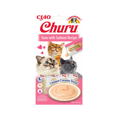 Inaba Churu Recompensa Cremoasa pentru Pisici, cu Ton si Somon, Fara Cereale, 4 x 14g