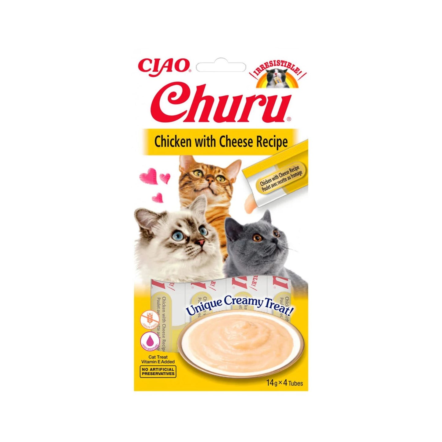 Inaba Churu Recompensa Cremoasa pentru Pisici cu Pui si Branza, Fara Cereale, 4 x 14g