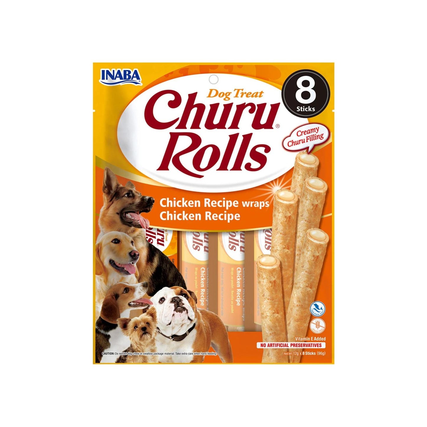 Inaba Churu Rolls Recompense pentru Caini, cu Pui, Exterior Copt si Umplutura Cremoasa, Fara Cereale, 8 x 12g