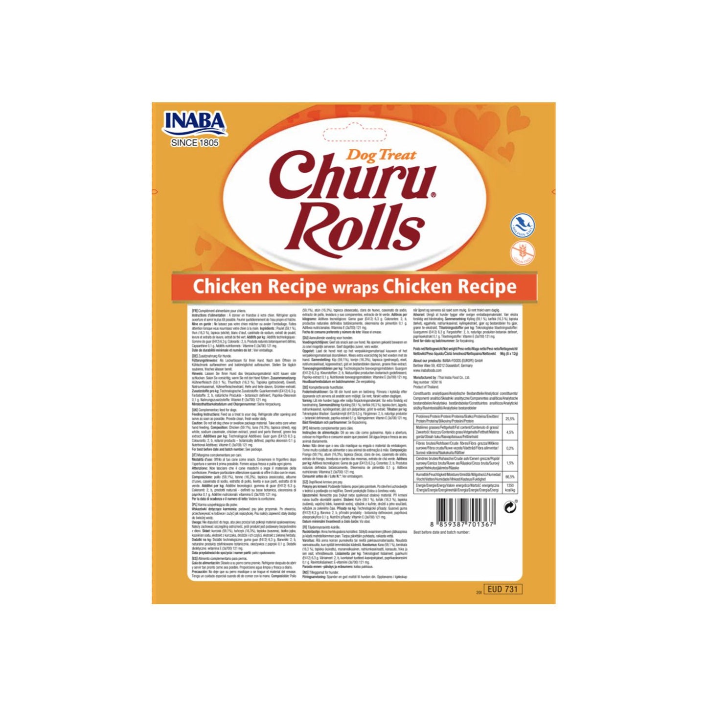 Inaba Churu Rolls Recompense pentru Caini, cu Pui, Exterior Copt si Umplutura Cremoasa, Fara Cereale, 8 x 12g