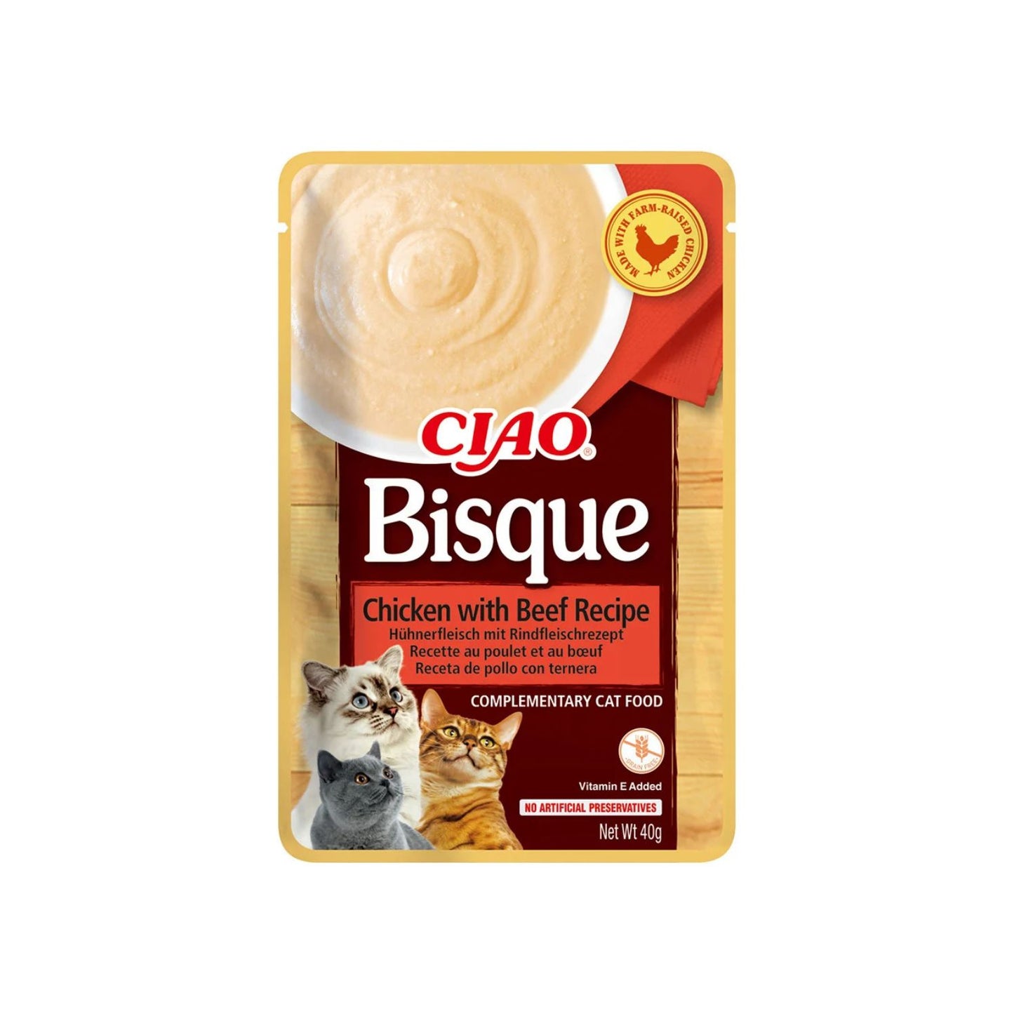 Inaba Ciao Churu Bisque pentru Pisici cu Pui si Vita, Hrana Umeda Complementara, Fara Cereale, 40g
