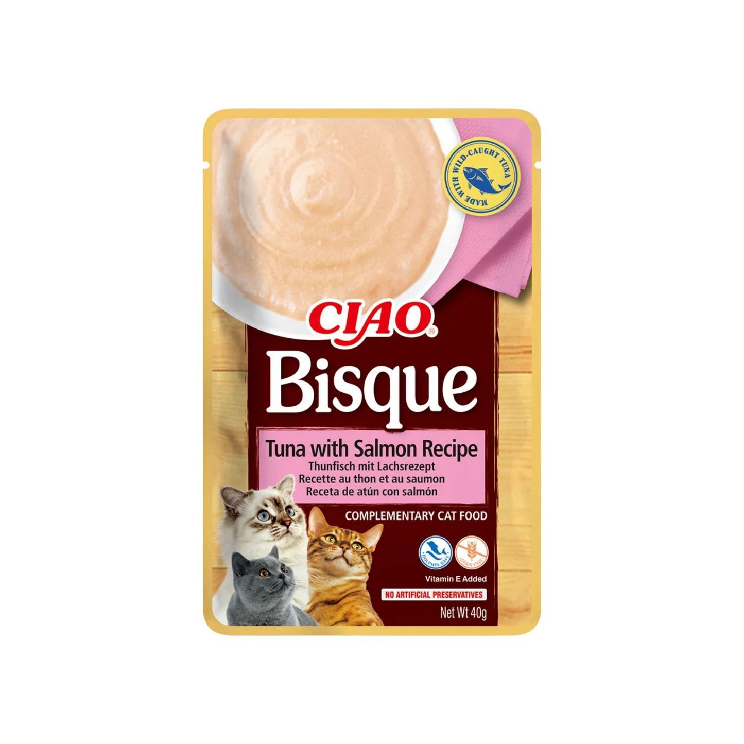 Inaba Ciao Churu Bisque pentru Pisici cu Ton si Somon, Hrana Umeda Complementara, Fara Cereale, 40g