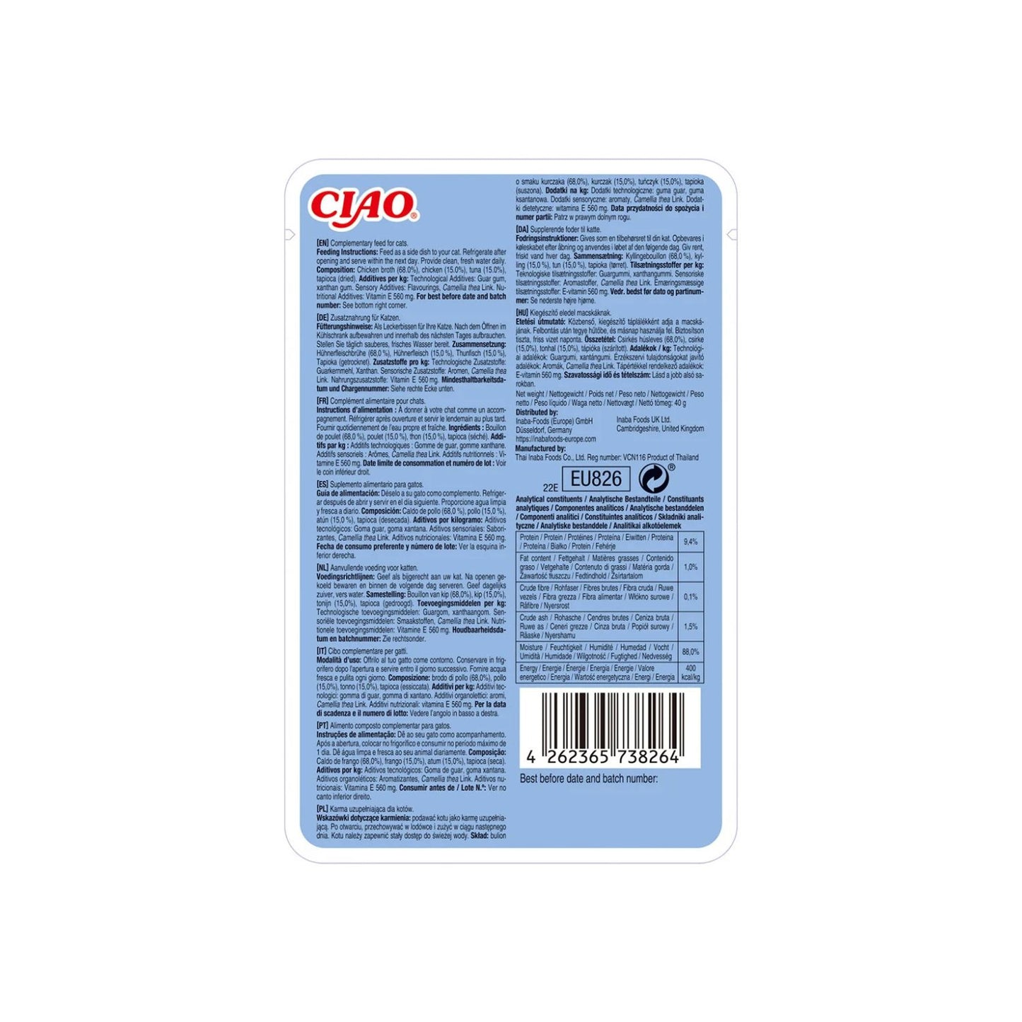 Inaba Ciao Churu Broth pentru Pisici, cu Pui si Ton, Hrana Umeda Complementara, Fara Cereale, 40g