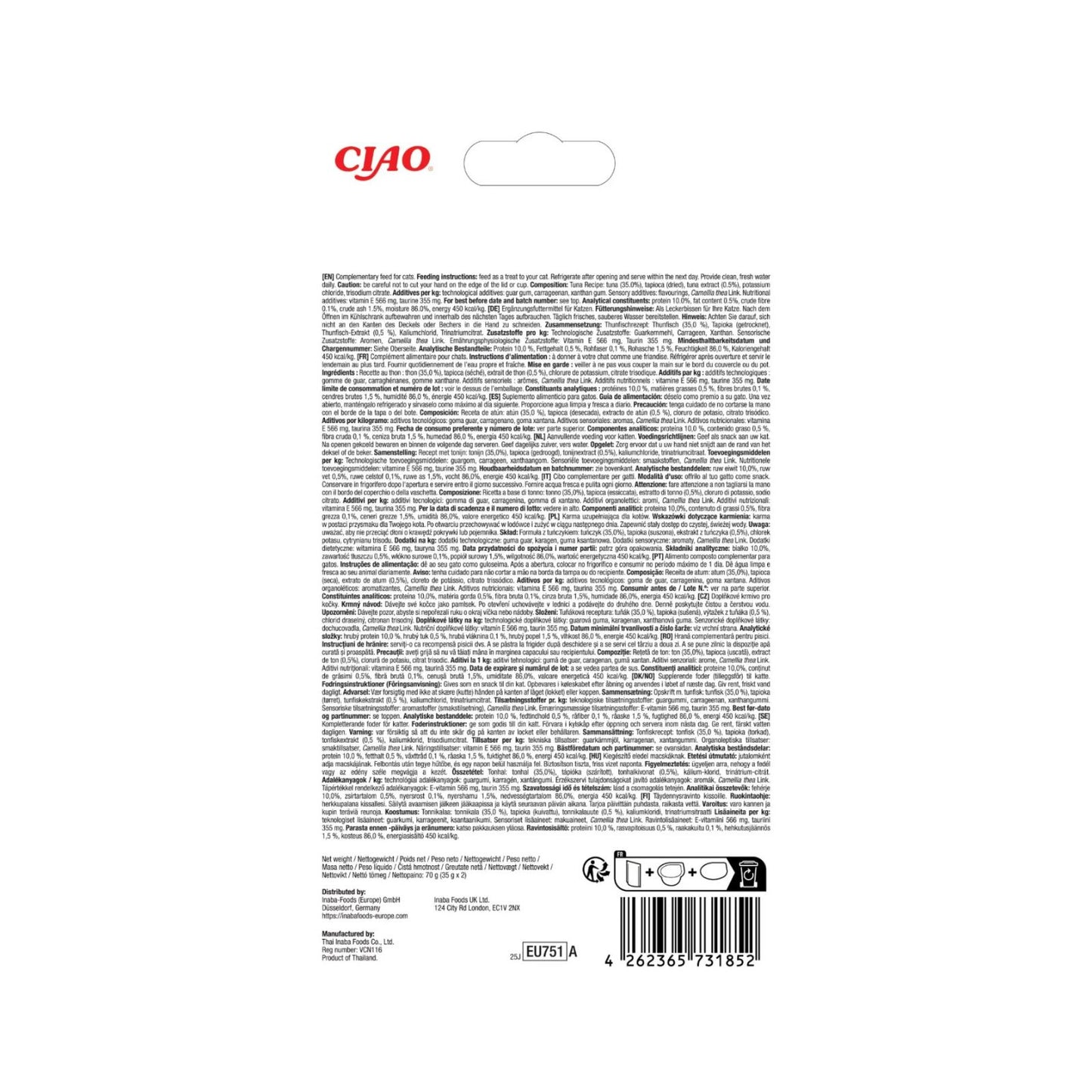 Inaba Ciao Churu Pop'n Serve, Recompensa Crema pentru Pisici, cu Ton in Jeleu, Fara Cereale, 2x35g