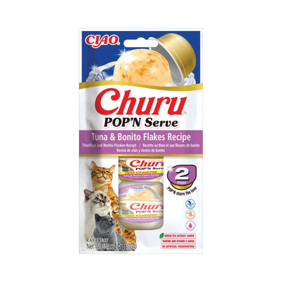 Inaba Ciao Churu Pop'n Serve, Recompensa Crema pentru Pisici, cu Ton si Fulgi de Bonito îin Jeleu, Fara Cereale, 2x35g
