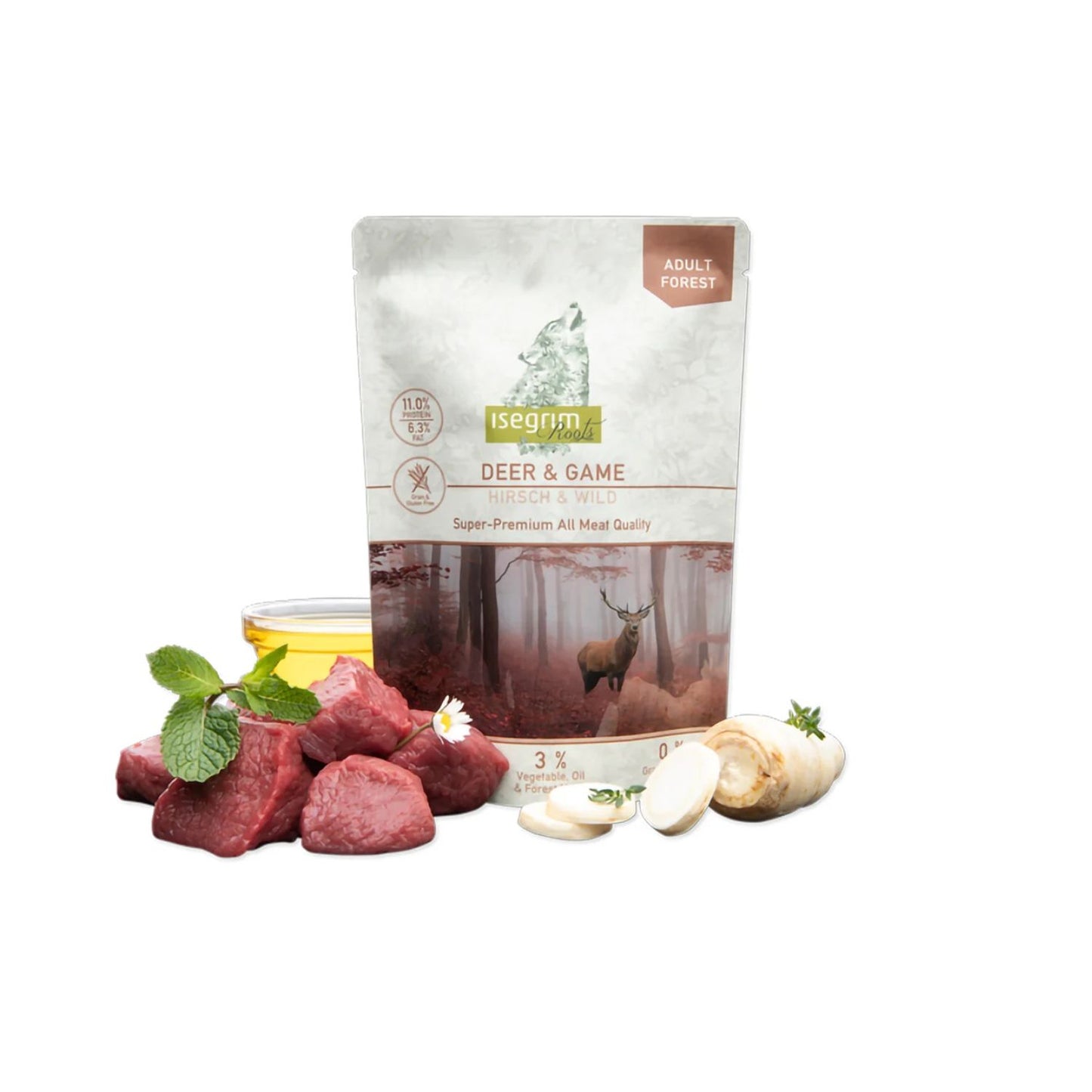 Isegrim Adult Forest, Hrana Umeda pentru Caini Adult, cu Carne de Caprioara si Vanat, Fara Cereale, 410g