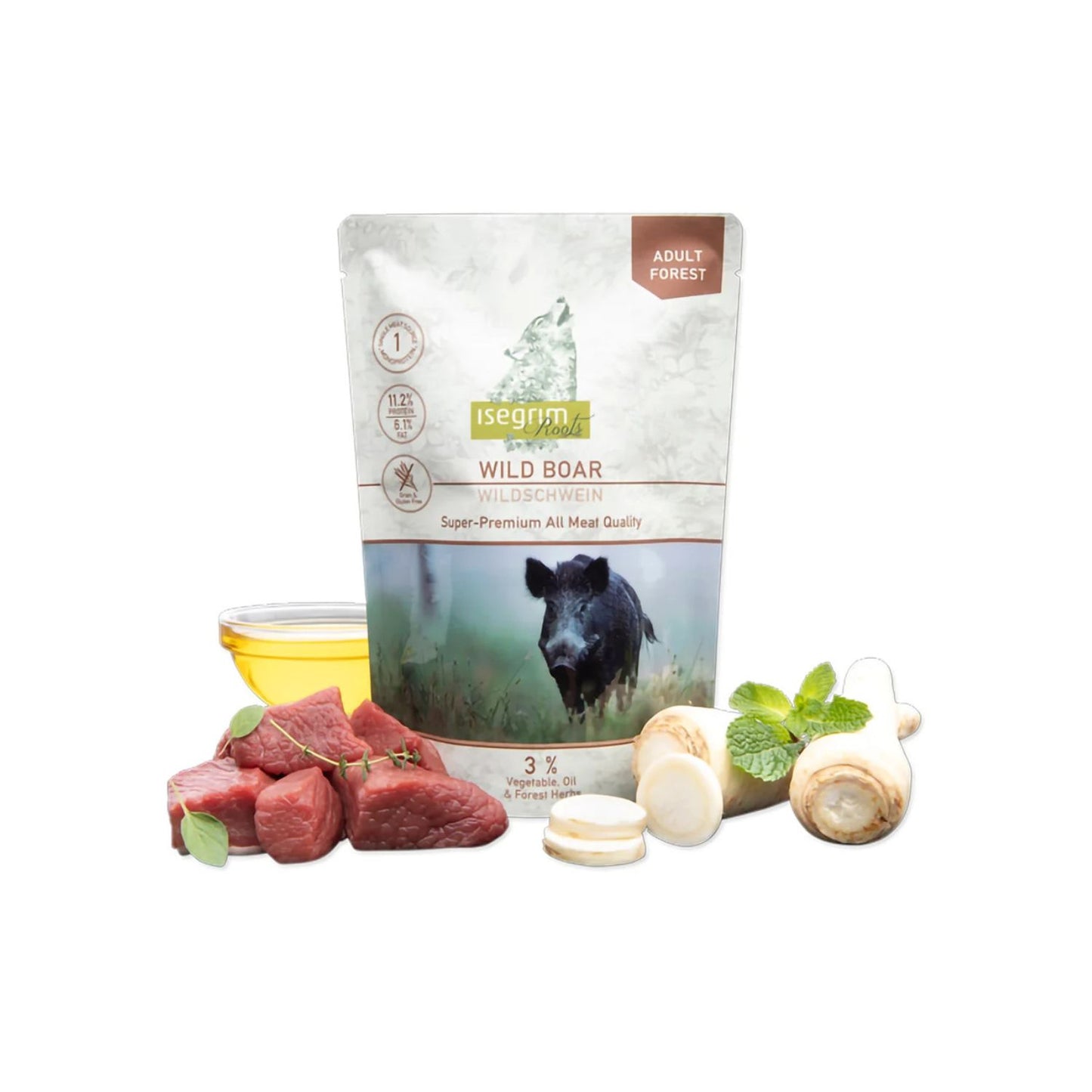 Isegrim Adult Monoprotein, Hrana Umeda pentru Caini Adult, cu Carne de Mistret, Pastarnac si Ierburi de Padure, Fara Cereale, 410g