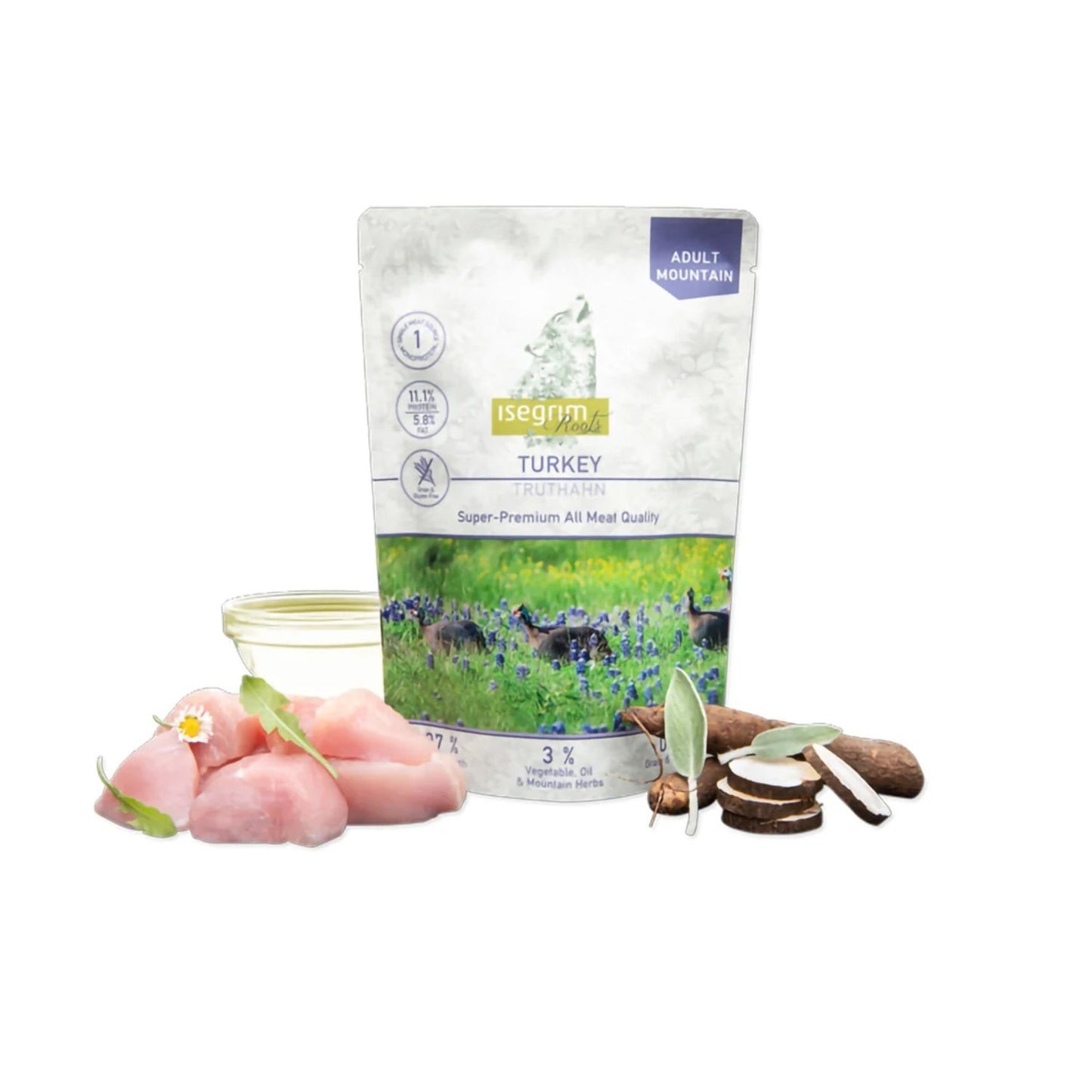 Isegrim Adult Mountain Monoprotein, Hrana Umeda pentru Caini Adult, cu Carne de Curcan, Salsifi si Ierburi de Munte, Fara Cereale, 410g