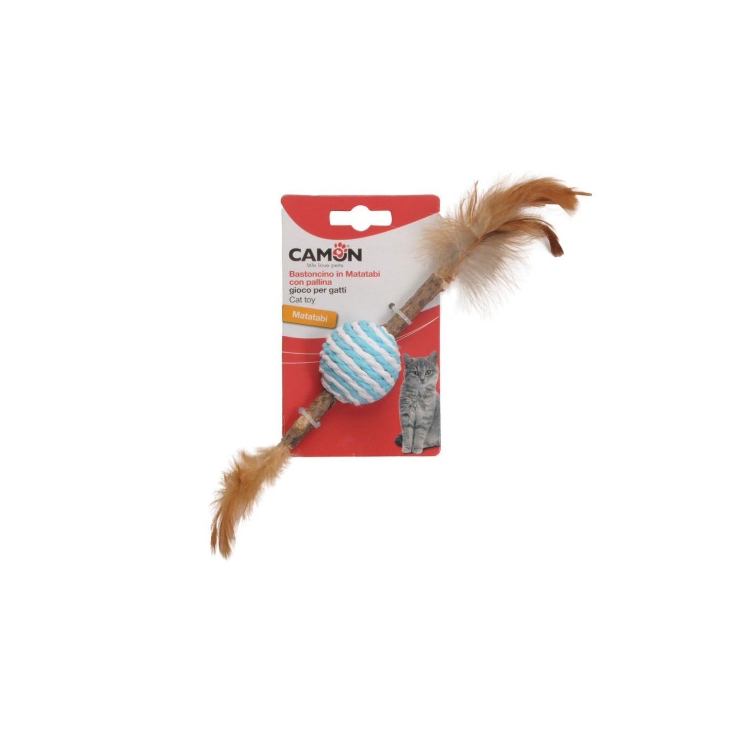 Jucarie Pisici Camon, Sfera Impletita si Pene cu Bastonas Matatabi, 13cm