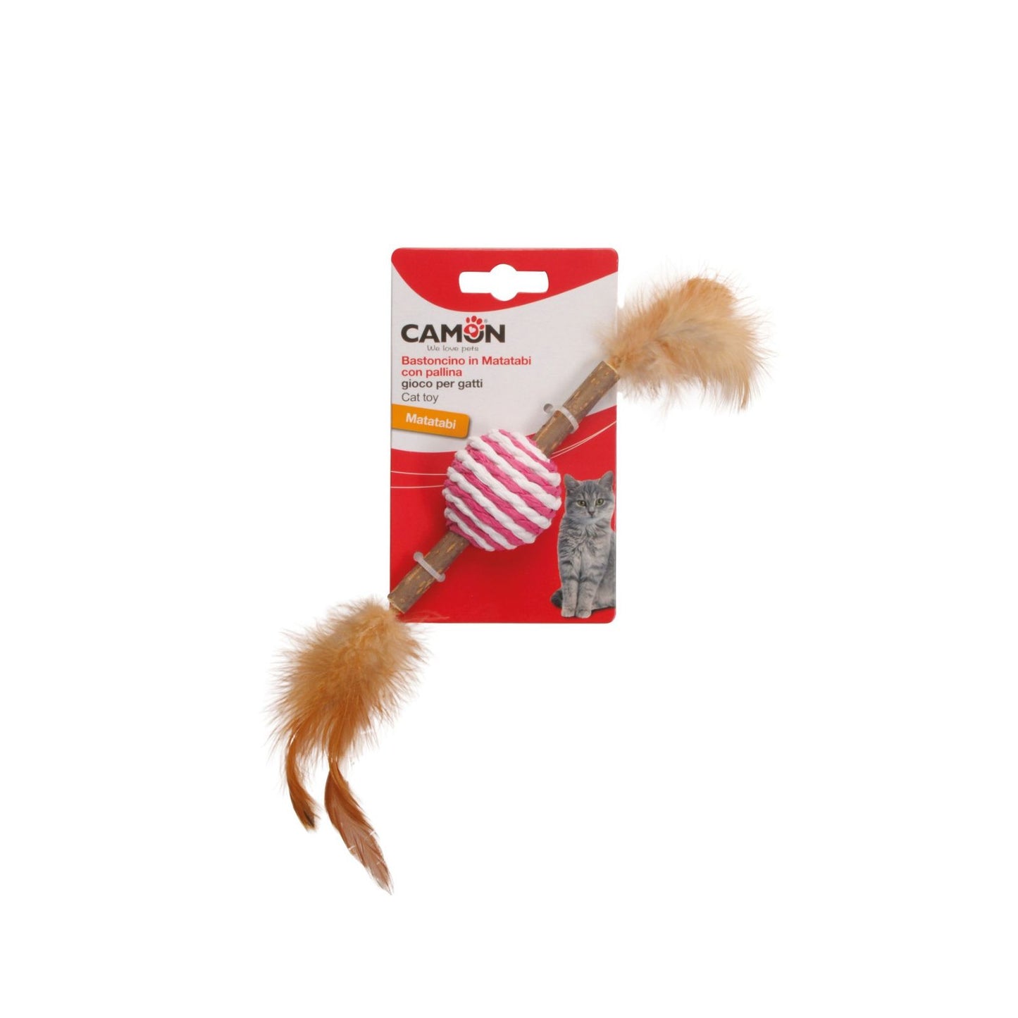 Jucarie Pisici Camon, Sfera Impletita si Pene cu Bastonas Matatabi, 13cm