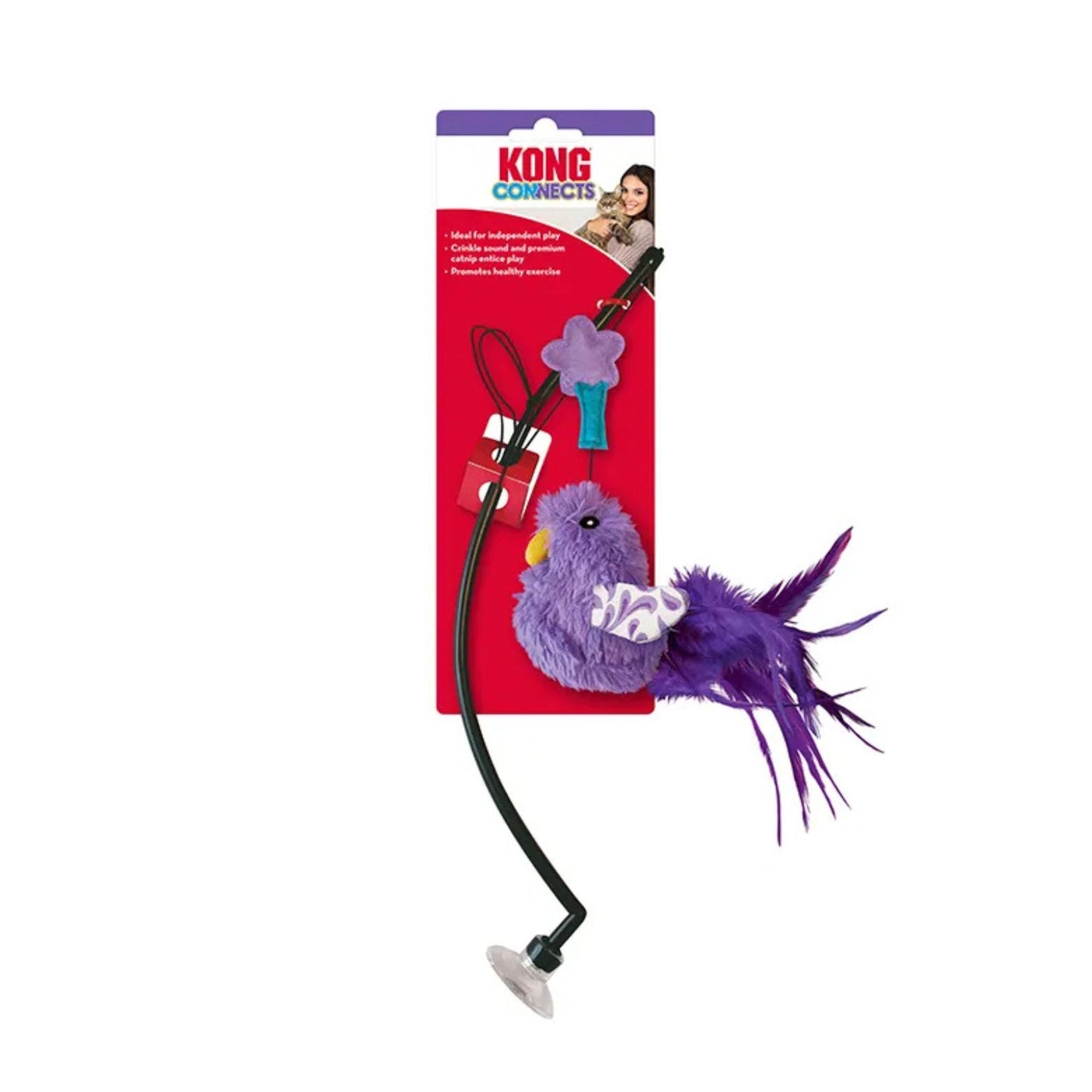 KONG Cat Window Teaser Jucarie Interactiva pentru Pisici, Pasare cu Pene si Iarba Matei (Catnip), Bagheta si Ventuza pentru Fereastra