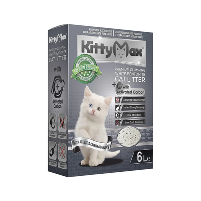 Kittymax Premium Asternut Igienic, Nisip Bentonita Alba cu Carbune Activ, Super Odor Control, 6L