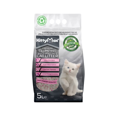 Kittymax Premium Asternut Igienic, Nisip Bentonita Alba cu Parfum de Baby Powder, 5L / 10 L