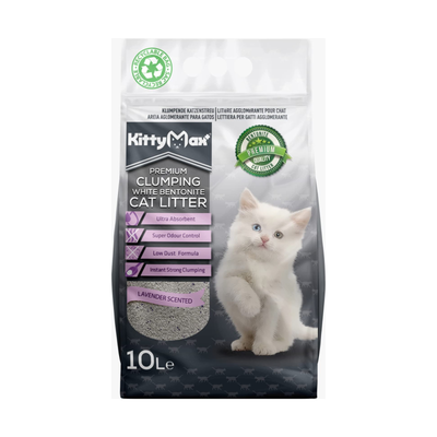 Kittymax Premium Asternut Igienic, Nisip Bentonita Alba cu Parfum de Lavanda, 5L / 10 L