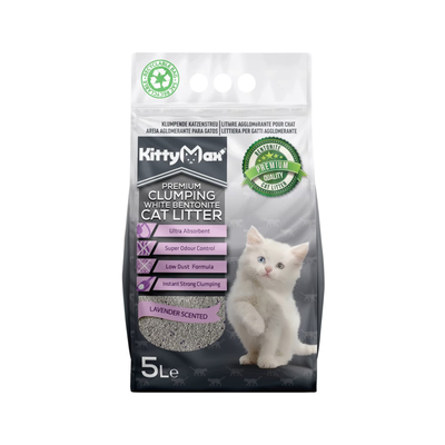 Kittymax Premium Asternut Igienic, Nisip Bentonita Alba cu Parfum de Lavanda, 5L / 10 L
