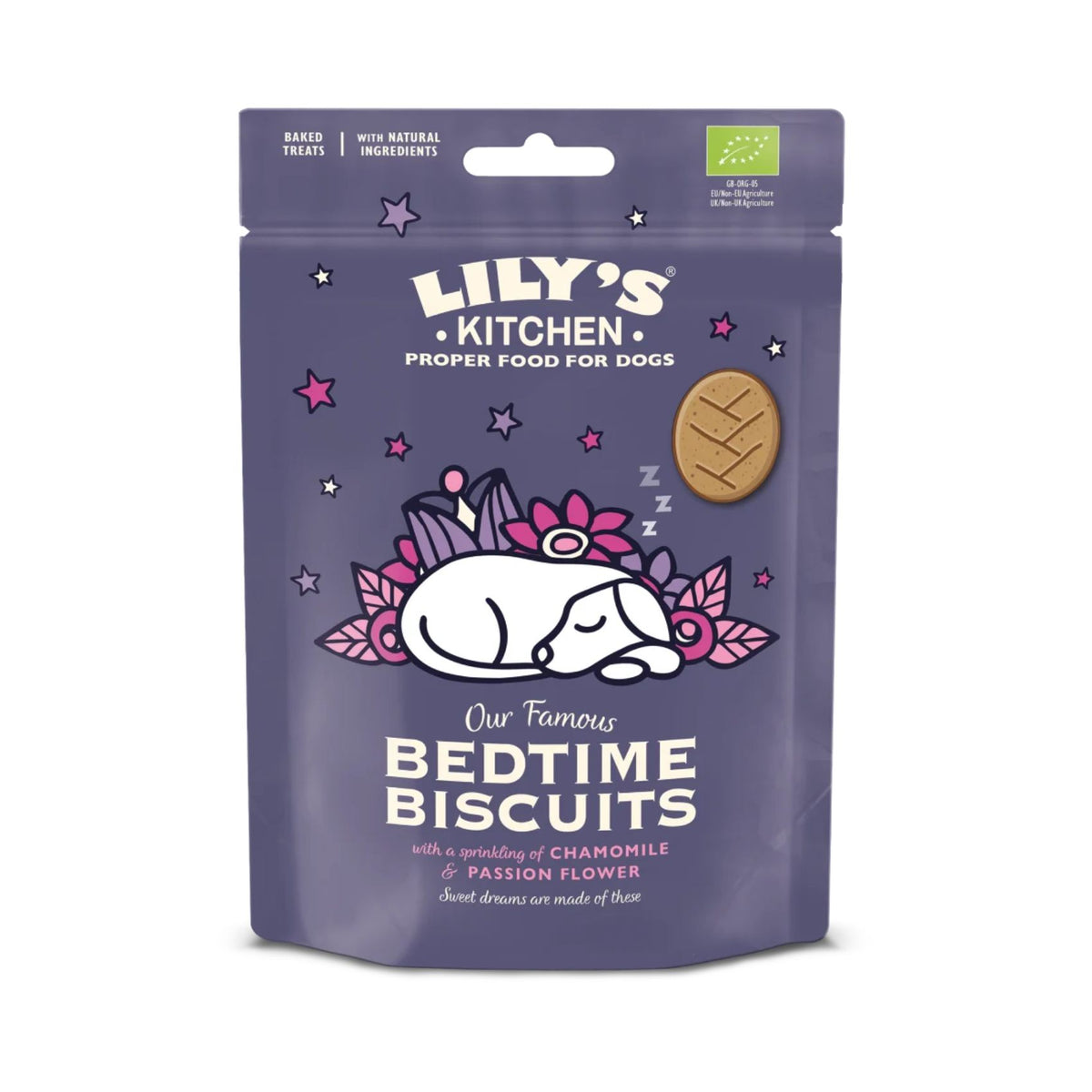 Lily's Kitchen Organic Bedtime Biscuits, Biscuiti pentru Caini cu Musetel, Miere si Iaurt, Copti in cuptor, 80g