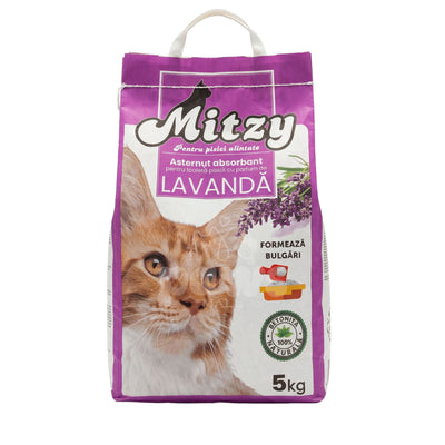 Mitzy Nisip Bentonita Alba Aglomerant pentru Pisici, Parfum de Lavanda, 5 kg