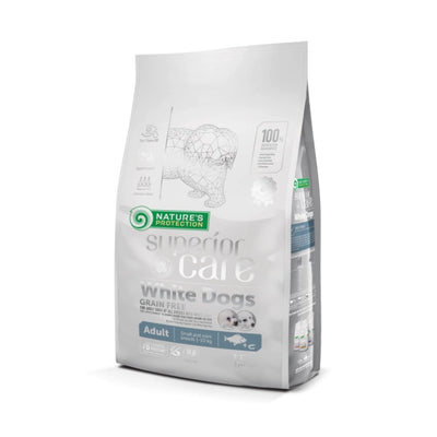 Nature's Protection Superior Care White Dogs, Hrana Uscata pentru Caini Adult Talie Mica, cu Peste Alb, Reducerea Petelor de Lacrimi, Fara Cereale, 1.5kg / 10kg