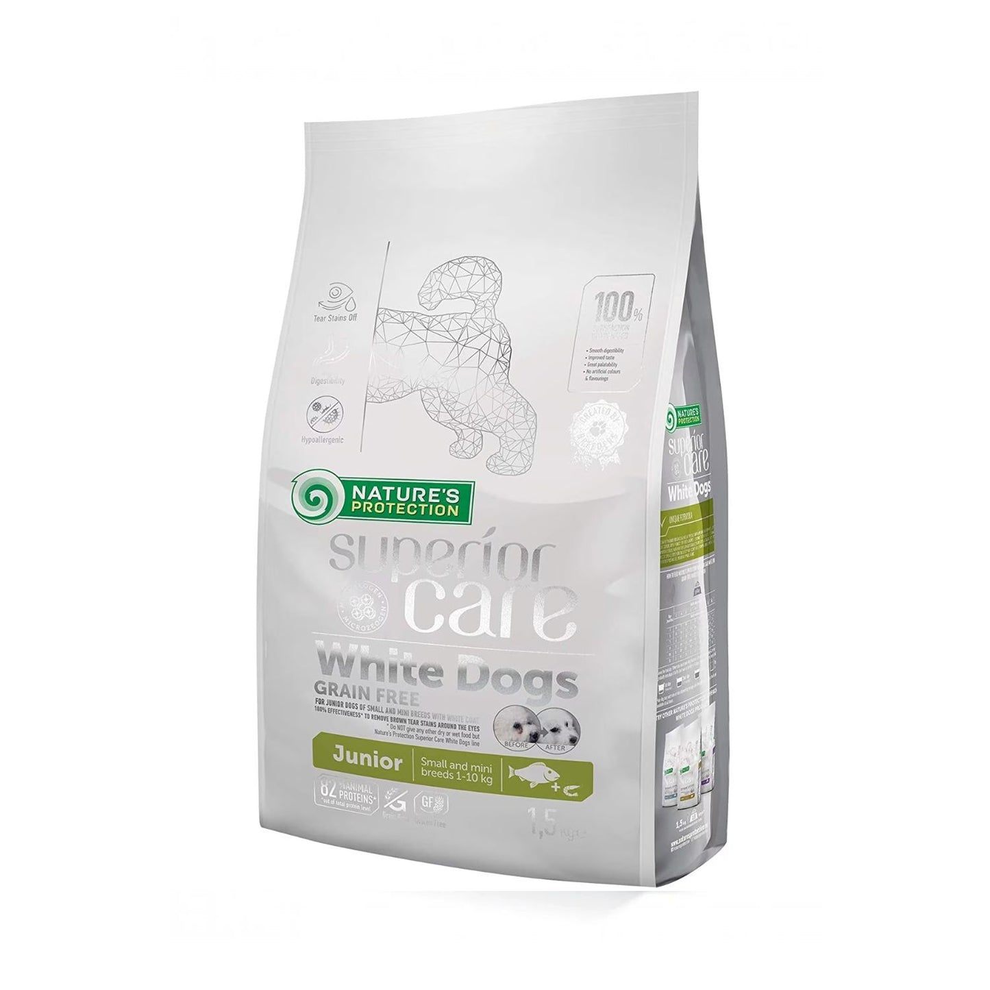 Nature's Protection Superior Care White Dogs, Hrana Uscata pentru Caini Junior, Talie Mica cu Blana Alba, cu Peste Alb, Fara Cereale, 1.5kg / 10kg